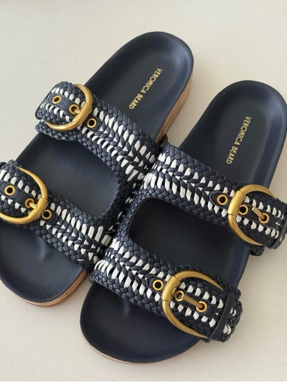 Veronica Beard Navy and White Braided Double-Buckle Slide Sandals